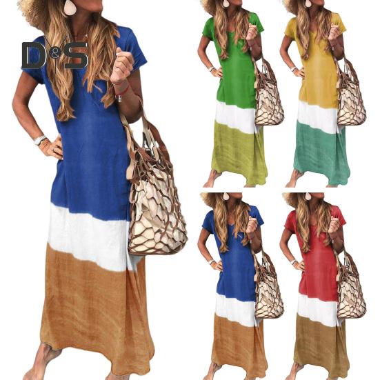 Women's Summer Long Dress Patchwork V-Neck Loose Maxi Dress Casual Short Sleeve Beach Vacation Sundress