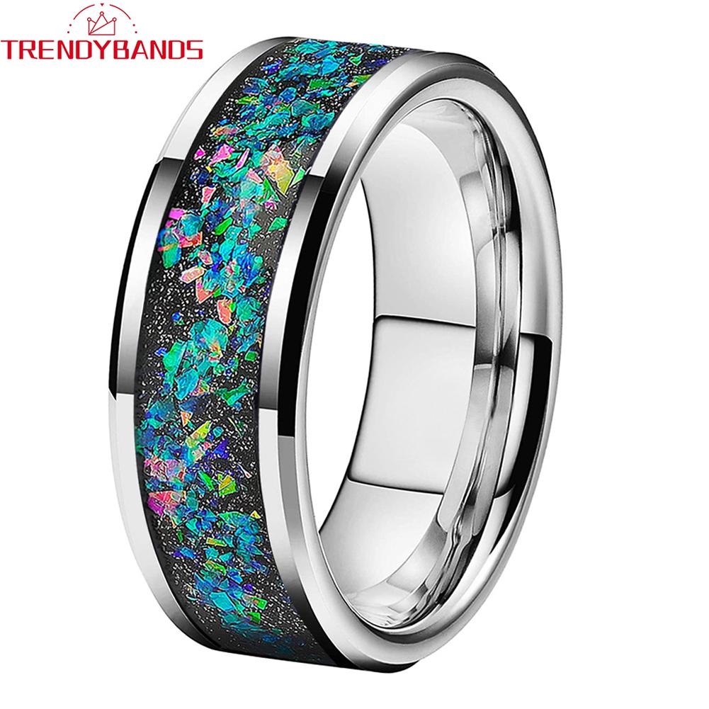 

Модные кольца из карбида вольфрама 8 мм для мужчин и женщин, обручальное кольцо, опаловая инкрустация, скошенные края, полированные, блестящие, удобная посадка 15&Galaxy Opal Inlay