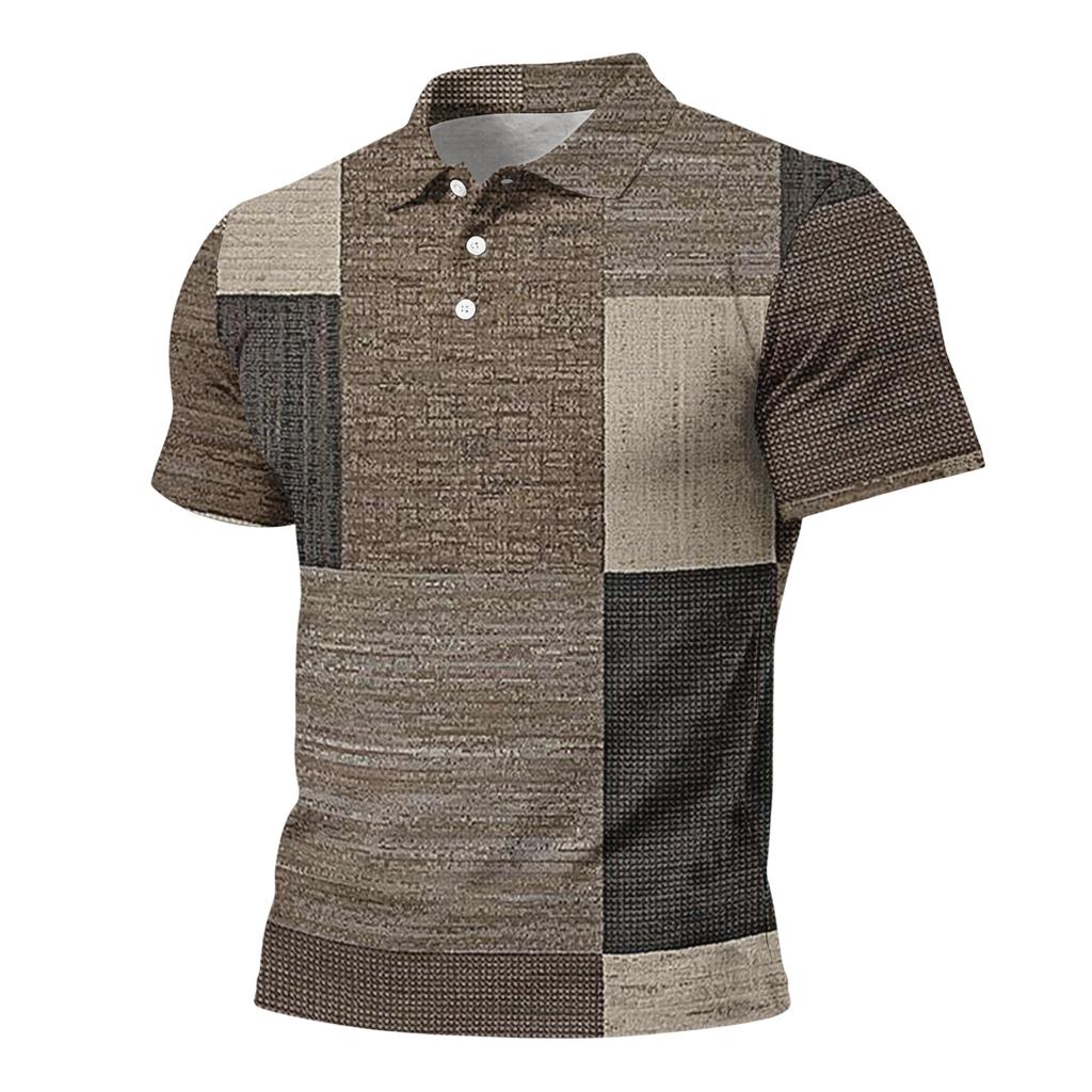 Mens Loose Fit Casual Plaid Print Short Sleeve Polo Shirt Classic Turn Down Collar Soft Lightweight Top