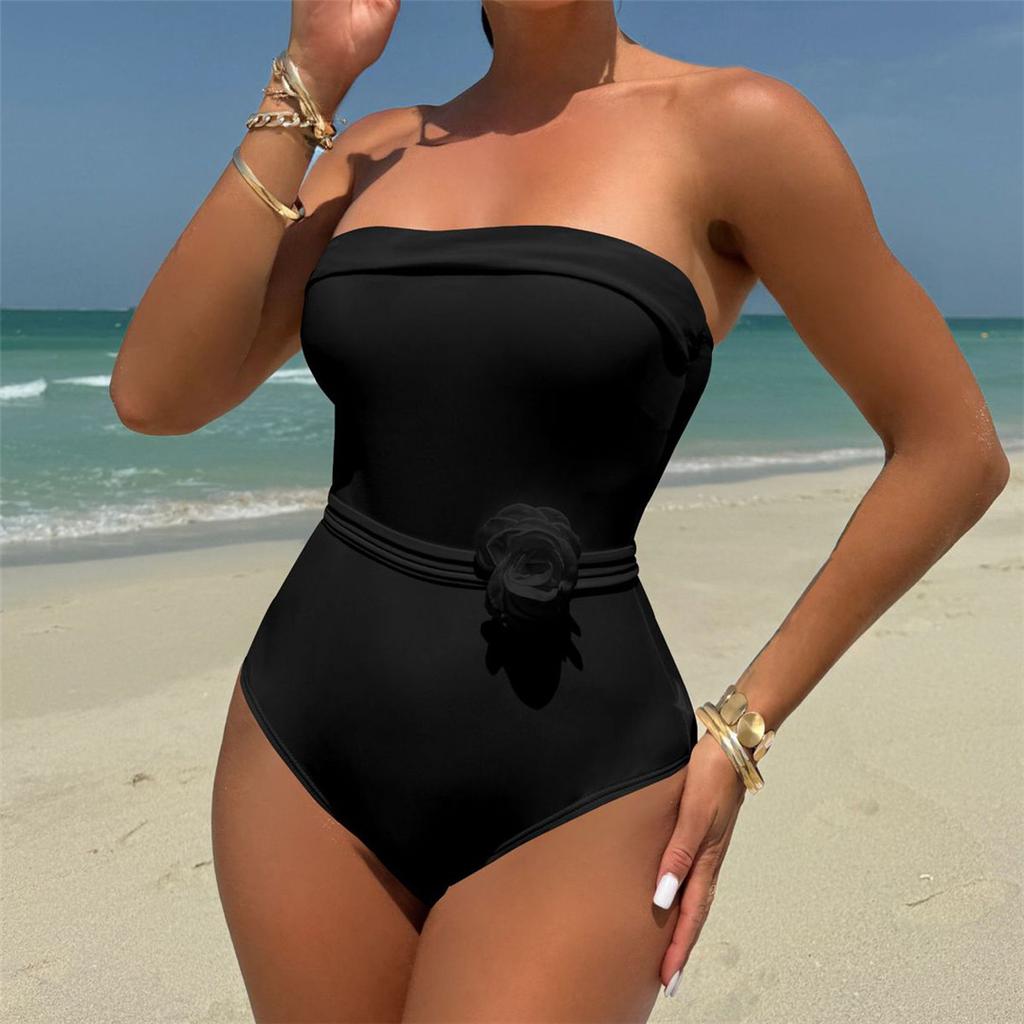 Sexy mit 3D-Blumengürtel Bandeau Damen Bademode Einteiliger Badeanzug Weiblich Hochbeinausschnitt Monokini Badegast Badeanzug Schwimmen K5603