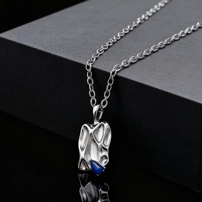 Unique Irregular Pleated Pendant Necklace for Men, Blue Water-drop Shaped Natural Stone Stainless Steel Necklace, Jewelry Gifts