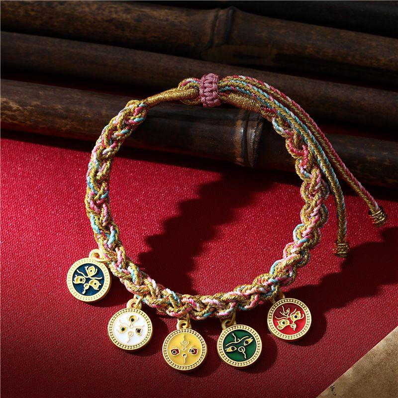 

Тибетский ремешок для переноски Тханки Ручной работы Плетеный шнур Пять богов богатства Плетеный веревочный браслет Год рождения для мужчин и женщин Этнический стиль Five-way God of Wealth-Colorful -02