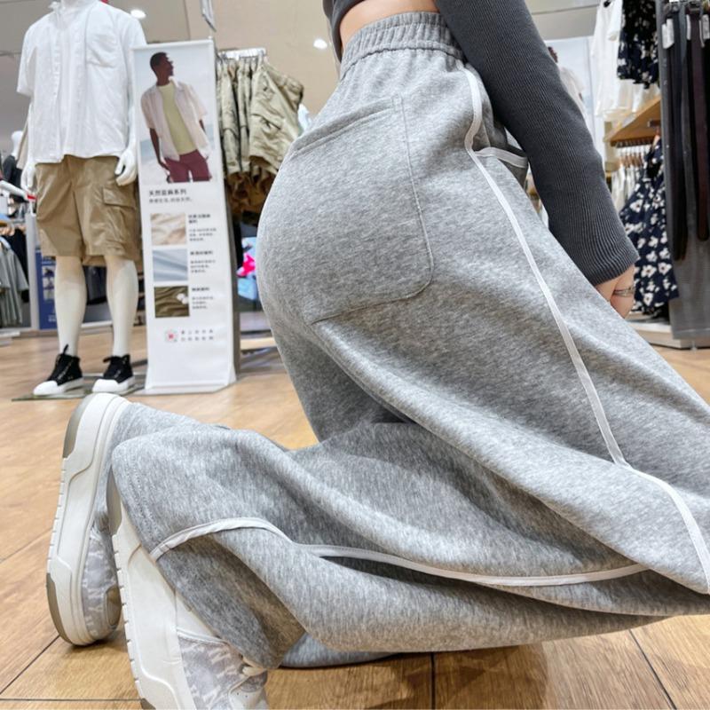 Side Striped Wide-leg Pants Women's Autumn and Winter New Lazy Style High Waist Loose and Thin Straight Sports Casual Pants