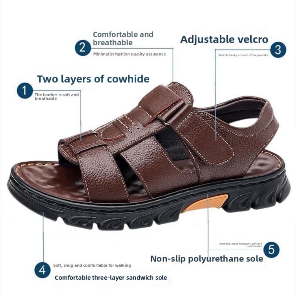 Top Layer Cowhide Sandals Men's Genuine Leather Cowhide Summer New Anti Slip Beach Shoes Driving Slippers