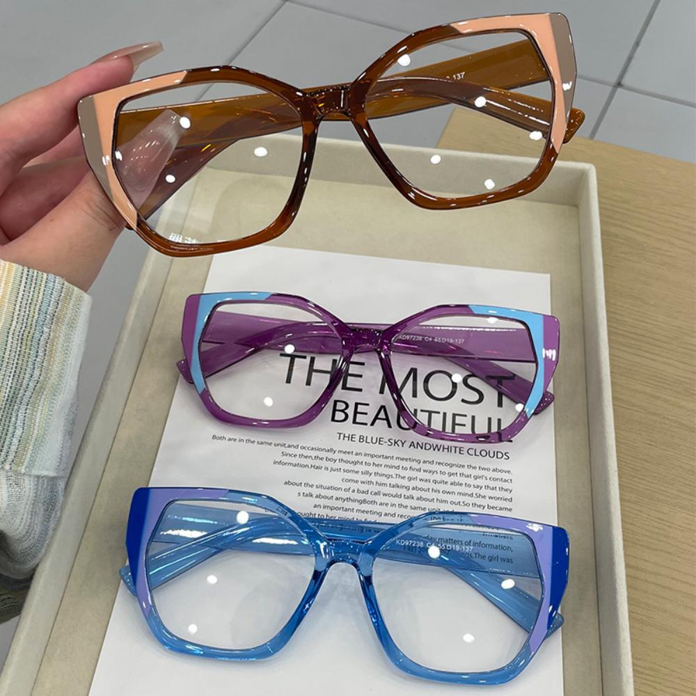 Cat Eye Color Blocking Anti Blue Light Glasses Retro Polygon Large Frame Fashion Glasses Women Plain Spectacles For Daily Outfit