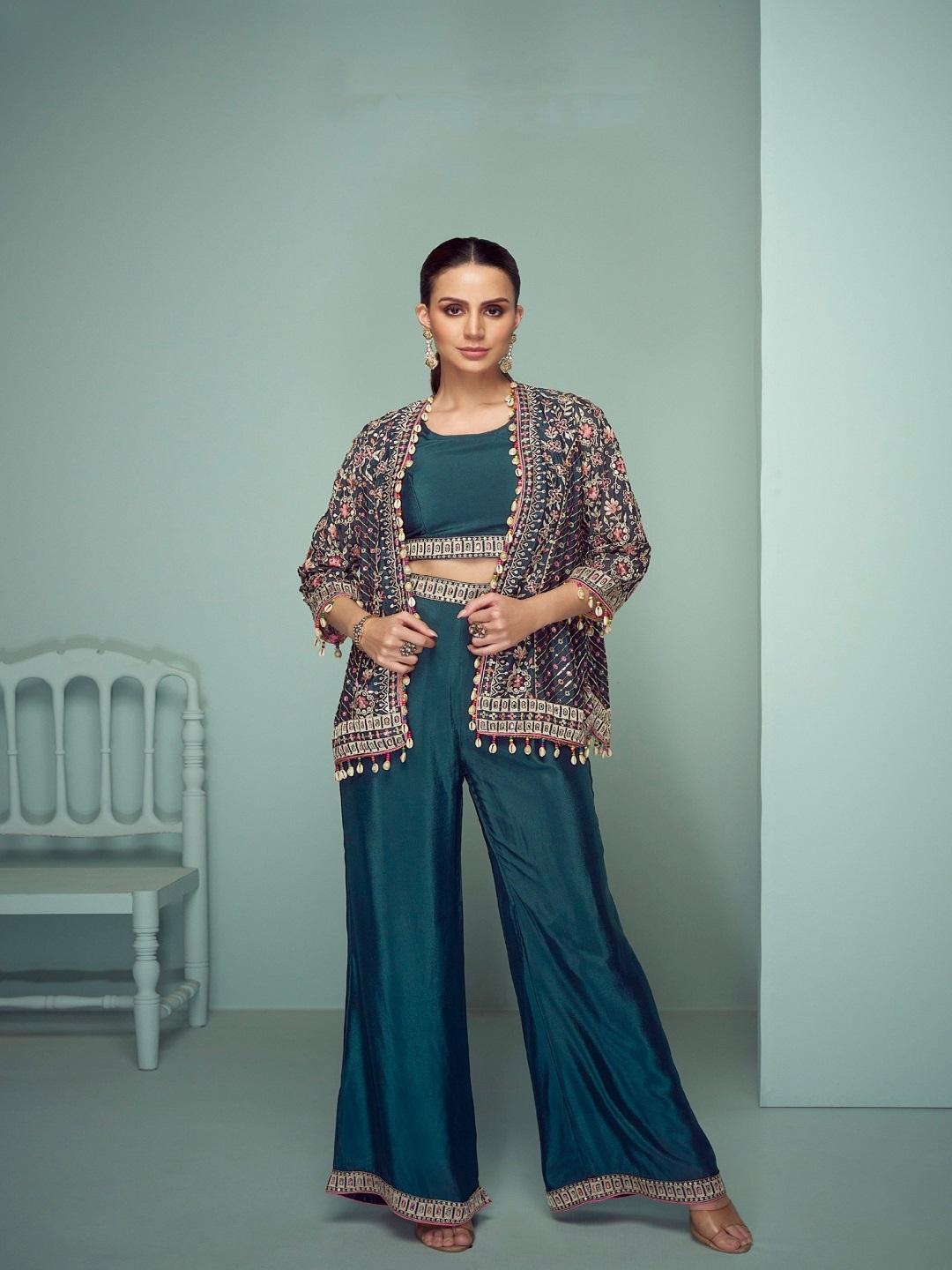 Teal Indo Western Co-Ord Set for Women with Embroidered Jacket | Designer Palazzo Pant Party Wear Outfit S тил синий