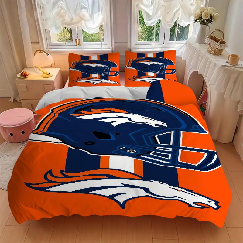 3 pz Denver Broncos Casco & Logo Cavallo Bronco Strisce Arancioni Decorazione per la Casa Set Biancheria da Letto-Tuta Universale a Tre Pezzi per Camera da Letto, Camera degli Ospiti, Soggiorno