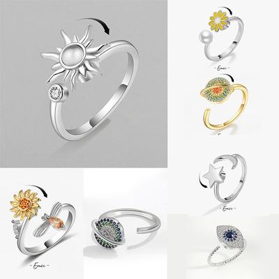 925 Sterling Silber Anti Stress Angst Zappelringe für Frauen Spinner Sonnenblume Sonne Stern Ring Trendy Schmuck Geschenk