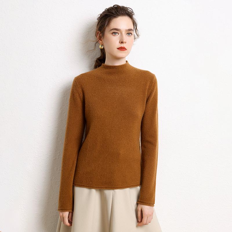 Women’s Cashmere Half-High Roll-Neck Sweater: Thick, Loose, Long Sleeve Pullover for Autumn/Winter.