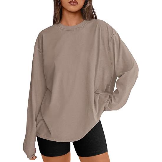 Camiseta de Manga Larga Holgada de Seda de Leche para Mujer Europea y Americana con Cuello Redondo