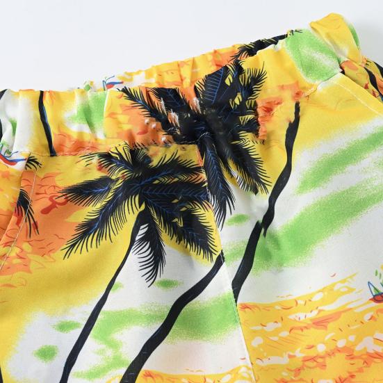 Ensemble Tenue Hawaïenne pour Petit Garçon Chemise à Manches Courtes et Short Motifs Feuilles de Palmier Coucher de Soleil Enfants Bord de Mer Style Noix de Coco Costume Respirant Décontracté Vêtements d'Été pour le Quotidien