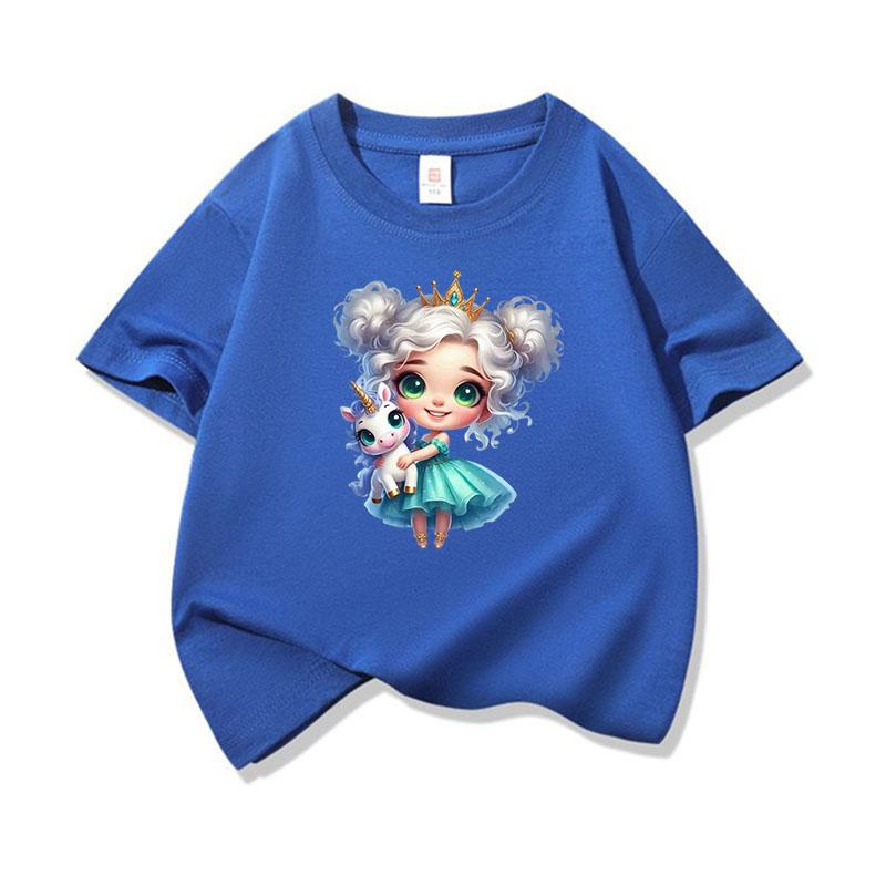 Kids Cotton T Shirt Crowned Princess Girl With Pastel Unicorn Print Crew Neck Short Sleeve Tee Casual Boys Girls Summer Tops