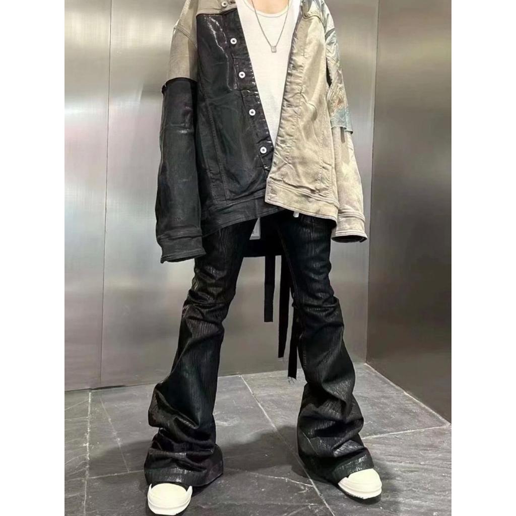 FlowStreet Streetwear Jeans Neri Elasticizzati in Pelle Cerata da Uomo Ropa Hombre Pantaloni Baggy Y2k a Zampa Jeans Dritti Oversize