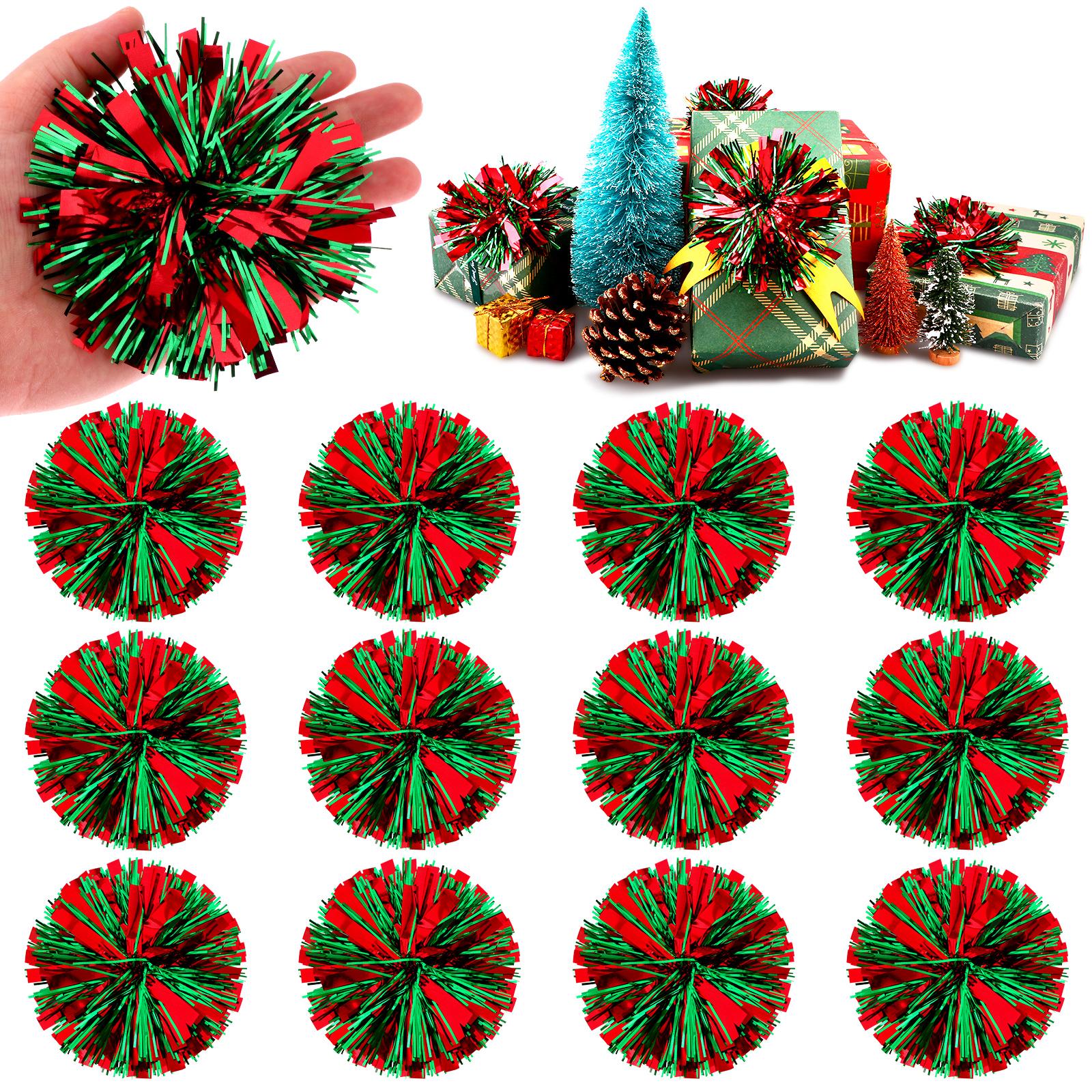 

12Pcs Gift Bows Christmas Metallic Tinsel Bows Self Adhesive Decorative Gift Wrapping Bows 10Cm Large Tinsel Bows For Xmas Party армия зеленый