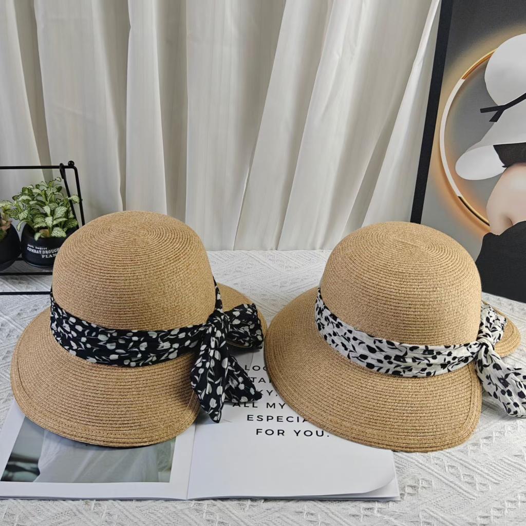 New straw hat women's summer travel sun hat back opening floral bow bucket hat straw woven wide brim sun protection hat