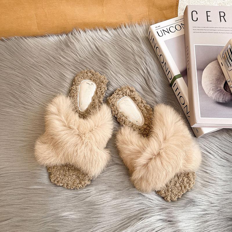 

Интернет-знаменитость крест мохнатые тапочки женские 2023 осень и зима новые для улицы ins фея ветер плюшевая плоская подошва тапочки на одной перемычке 40 хаки