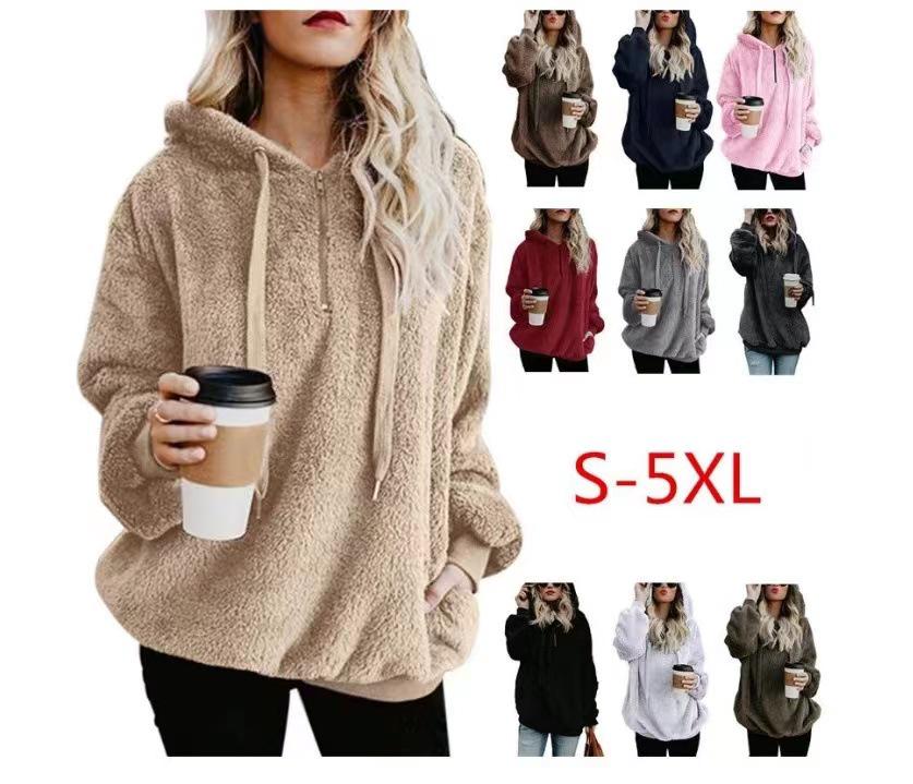 European & American Style Women's Hooded Fleece Sweatshirt Jacket