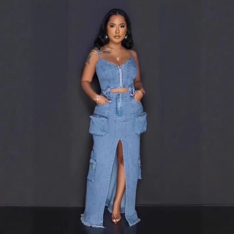 Trendy Sexy Denim Set: Zipper Spaghetti Strap Top & Split Long Skirt with Pockets