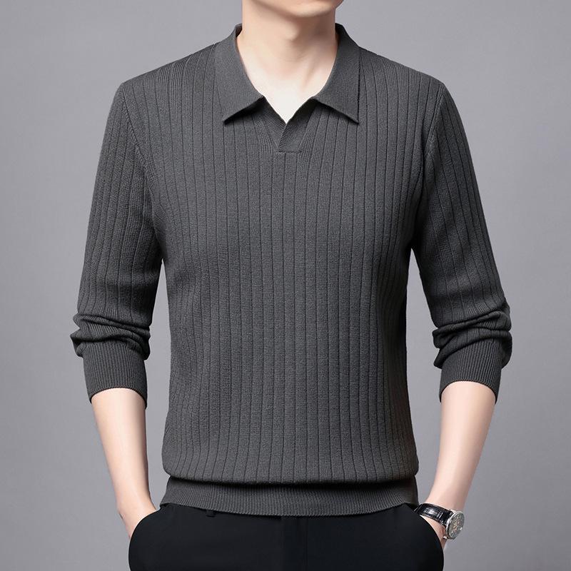 Autumn Winter 2025 Versatile Men's Knit Pullover Sweater - Long Sleeve Lapel Style for Casual Business Fashion