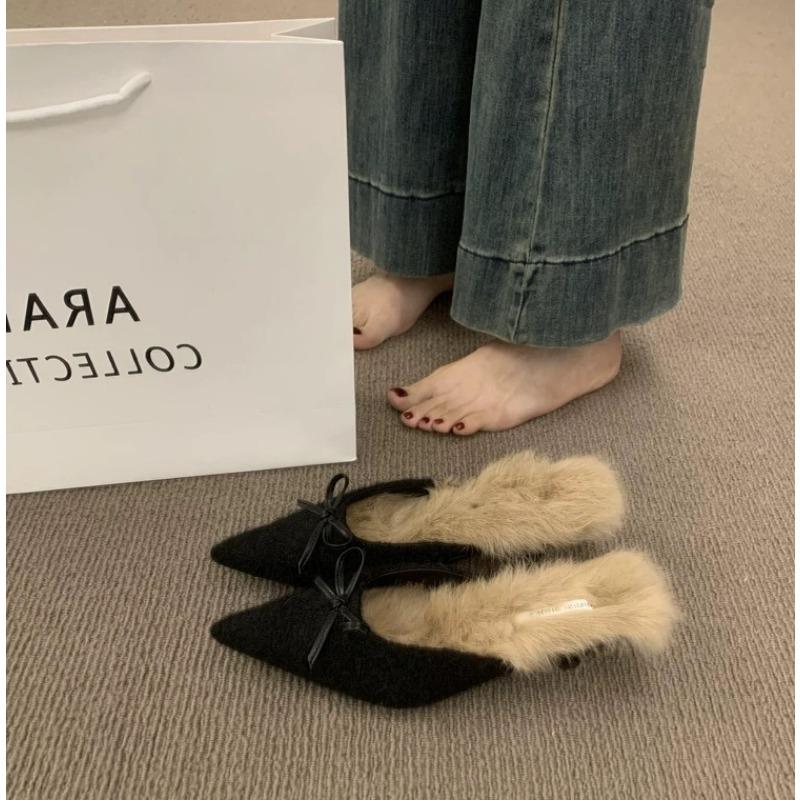 Fur Bow Pointed Toe Women Cotton Slippers Suede Mules Heels Shoes Woman 2025 Winter Boots Elegant Dress Flip Flops Mujer Zapatos