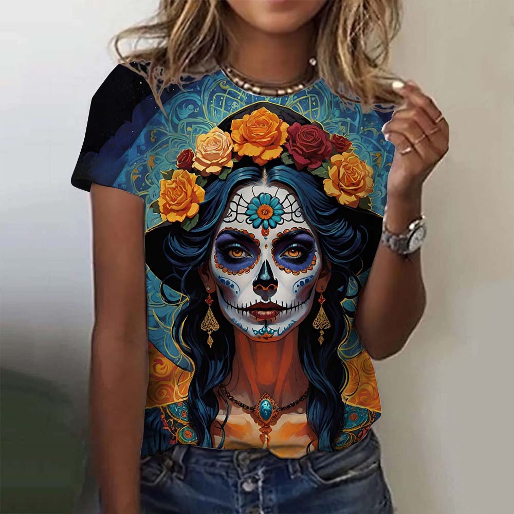 Fashion Women's T-shirt for Girls Summer Short Sleeve Casual Sexy Girls Clothes Horror Undead Skull Pattern Oversized T-shirts