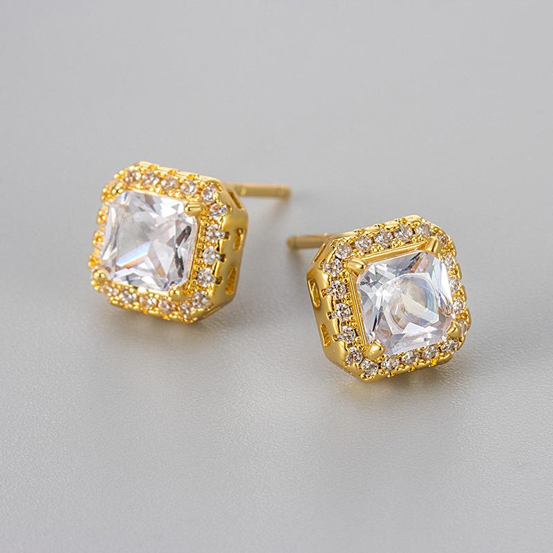Classic Luxury Shining Zircon Square Color Imitation Gemstone Stud Earrings for Women Trendy Exquisite Stainless Steel Jewelry