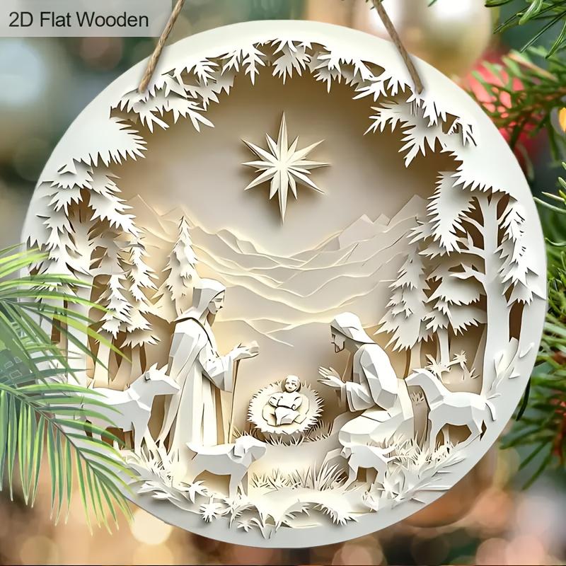 5 Stück Krippenszene Holzschild 2D Flachrelief-Effekt von Jesus verfolgt das verlorene Lamm Rundes Schild für Haustür Wandbehang Dekor Ideales Weihnachten