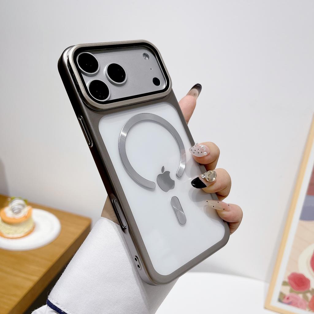 New Plating Fold Glass Camera Holder Magnetic Phone Case For 17 17Pro 17 Pro Max Ultra Thin Transparent Shockproof Cover