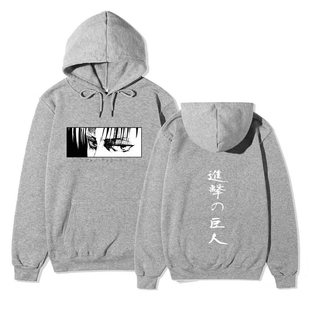 Attack On Titan Levi Ackerman Hoodie Unisex Fleece Sweatshirt Front Manga Eyes Print, Back Japanese Text, Autumn Winter Casual Pullover
