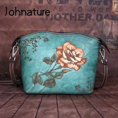 High Quality Retro Cowhide Women Bag Genuine Leather Leisure Large Capacity Floral Shoulder & Crossbody Bags