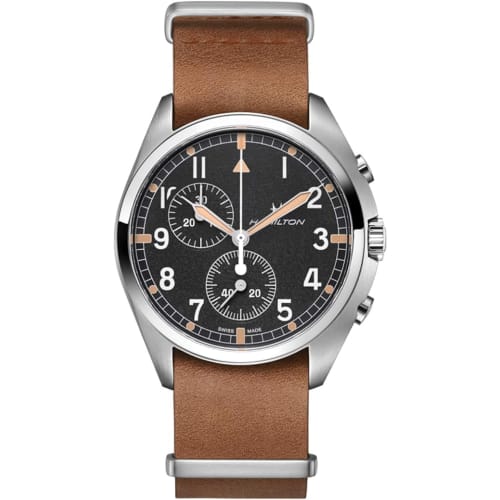 

Hamilton Khaki Pilot Pioneer Chrono Watch, Men s, Brown, Black Dial, Quartz Movement, 100M Water Resistance, Calf Leather, H76522531