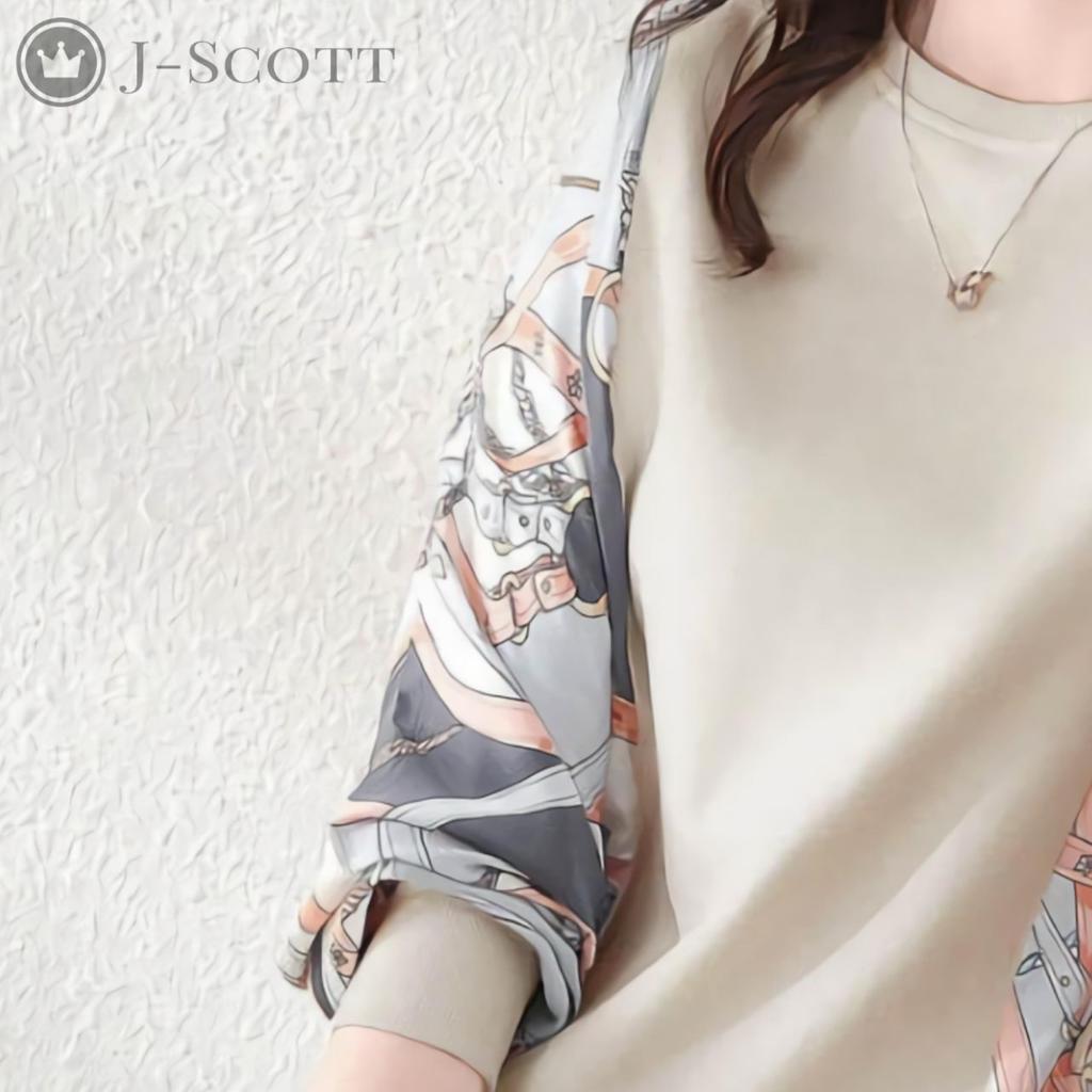 Pullover Blouse with Scarf Pattern Mixed Round Dolman Loose Long Soft To the Everyday Korean Perfect [J-Scott] Women's Sleeves, Material, Neck,
