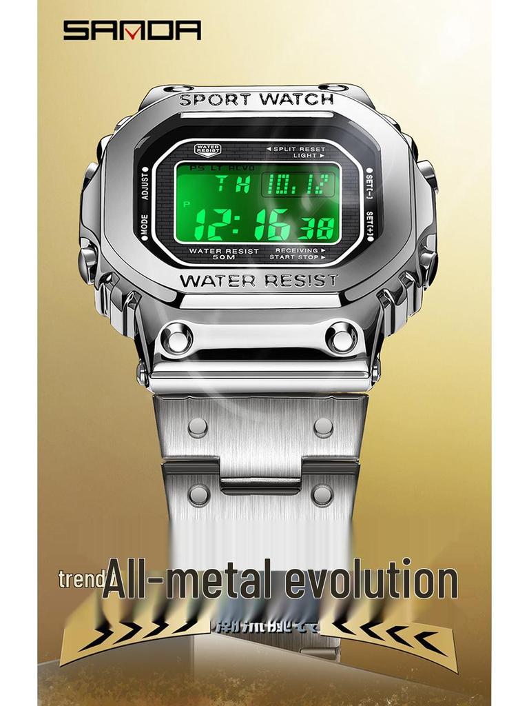 Sanda Men's Square Waterproof Electronic Watch with Fashionable Light and Alarm Clock.