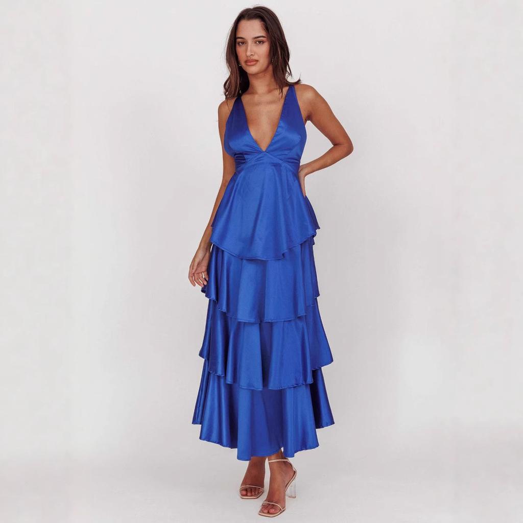 Women's V Neck Sleeveless A-Line Maxi Dress High Waist Tiered Ruffled Summer Dress