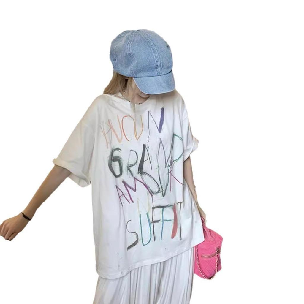 Plus Size Women's Summer Retro Letter Graffiti Short Sleeve Oversized T-Shirt