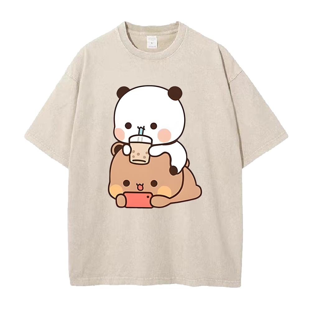 Bubu Cartoon T Shirt Women Men Unisex Couple Tshirt Summer Short Sleeve Tshirt Clothing Washed Cotton ONeck Tee Streetwear