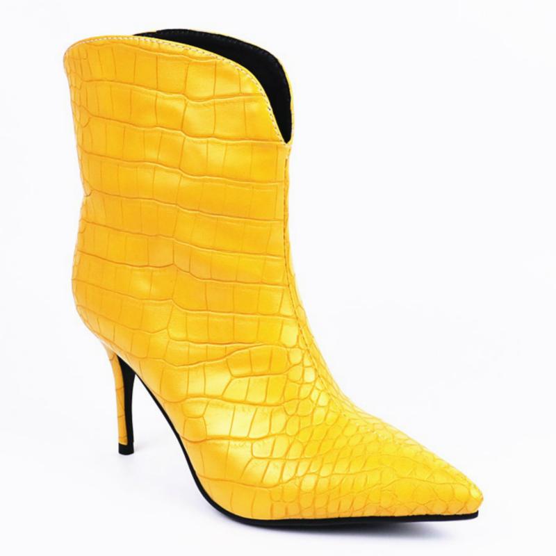 

Ботильоны ковбойские из змеиной кожи для женщин, сексуальные белые каблуки, водонепроницаемые, черные, желтые, женские ботильоны, короткие, с острым носком, большого размера 39