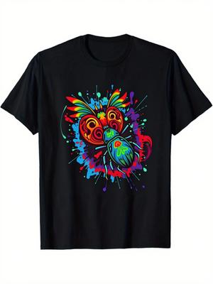 Psychedelic Beetle Print Graphic Tee Men Short Sleeve Round Neck Casual Cotton T-Shirt Trip Wear