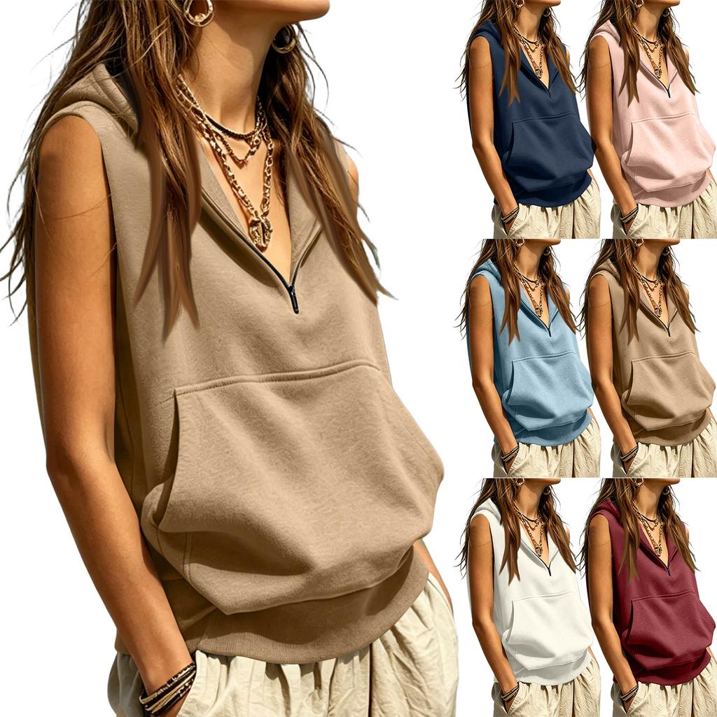 Women's Casual Hooded Zip Up Sleeveless Vest Top for Everyday Wear