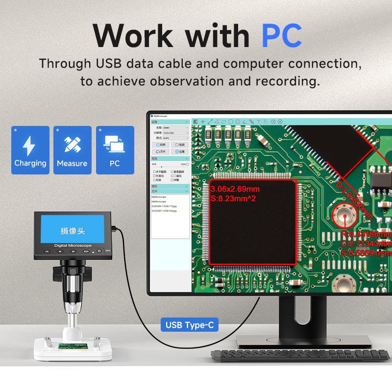 LCD Digital Microscope, 4.3-inch IPS Screen, 1000x Magnifying Glass, With 8 LED PC Views Compatible With Windows