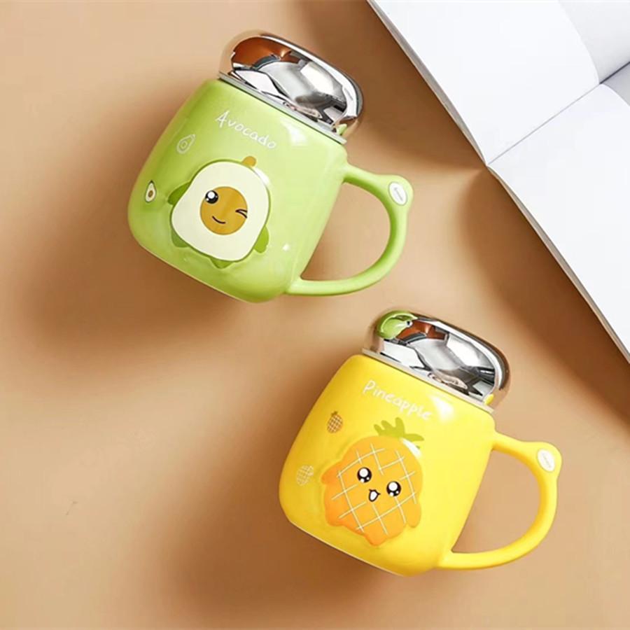 Ceramic Cup Mirror Cover Household High Value Relief Fruit Coffee Cup Office Worker Leakproof Lid Mug