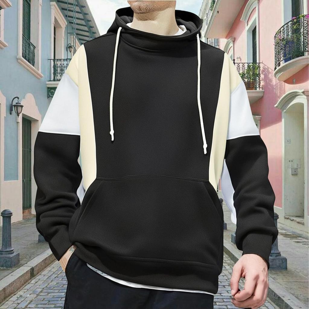 Men's Color Block Hoodie Sweatshirt Long Sleeve Hooded Drawstring Pullover Shirt Outdoor Walks Blouse With Pocket