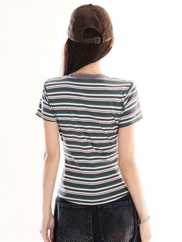 Retro Striped Slim Fit Cropped Short Sleeve T-shirt - Early Spring Petite Millennium Style