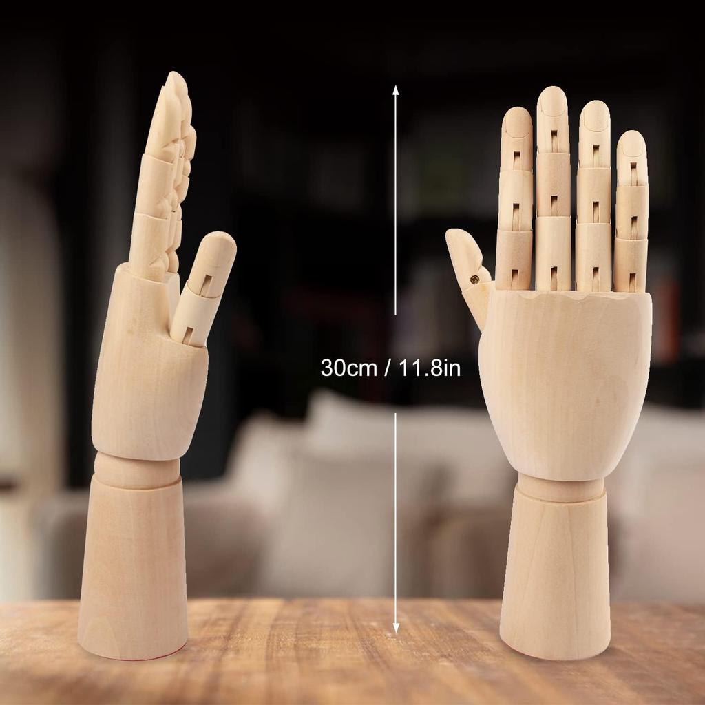 Wooden Hand Model, 2 PCS, 12 Inches Left and Right Hand Art Mannequin Figure with for Hand Jewelry Display, Decoration, Sketching, by GNIEMCKIN.