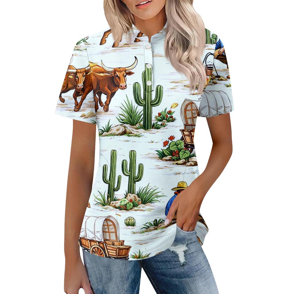 Women’s Casual Polo Neck Loose Fit Short Sleeve Top with Abstract Print and Button for Everyday Wear