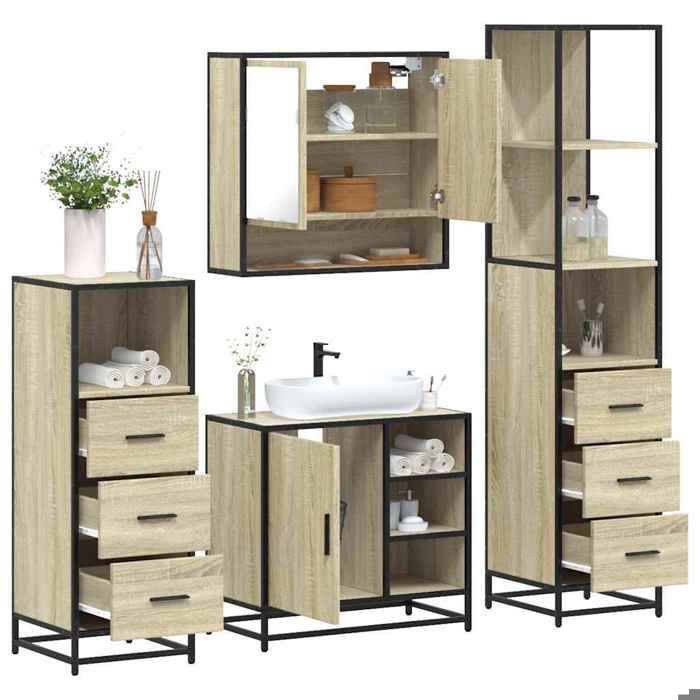 VidaXL Ensemble de meubles de salle de bain 4 pcs chêne sonoma, armoire de salle de bain, armoire de rangement de toilette, 3301296