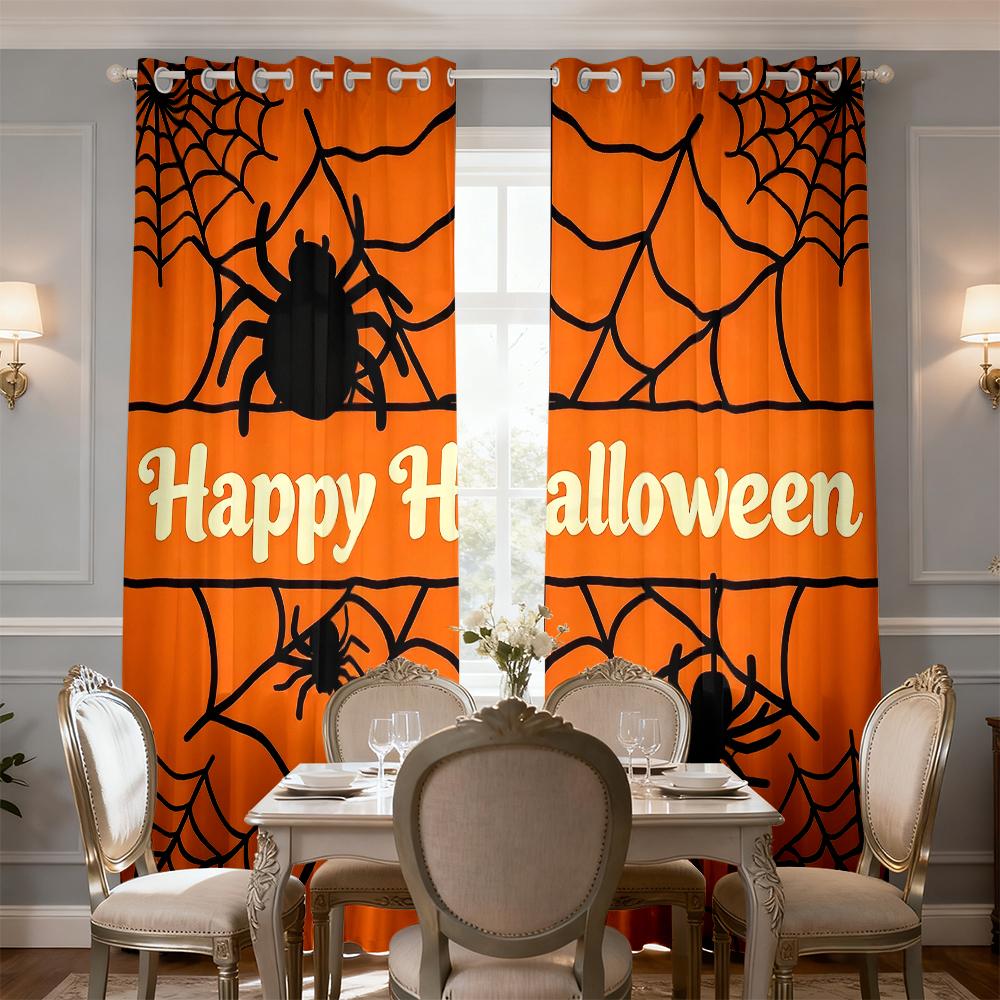 2pcs Spider Web Happy Halloween Curtains Holes Blocking Light Living Room Bedroom Decoration