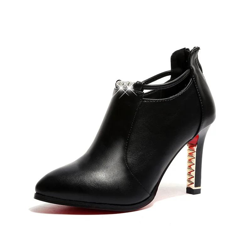 Elegante Dames Enkellaarsjes met Puntneus Herfst Winter Mode Rood Riemgesp Pu Leer Korte Laarsjes Vrouw Dunne Hakken Feestschoenen 40 black