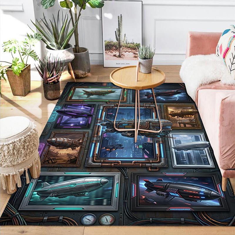 Steampunk Airship Gallery Pattern Rug Floor Mat for Living Room or Bedroom Soft and Comfortable Carpet a Gift for Birthday and Holiday.
