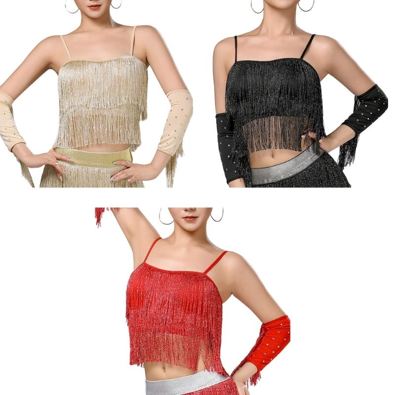 Stage Ready Milk Silk Dance Top Glittering Sequins Coverage Flexible Fringe Movement Square Neck Design For Competition And Practice